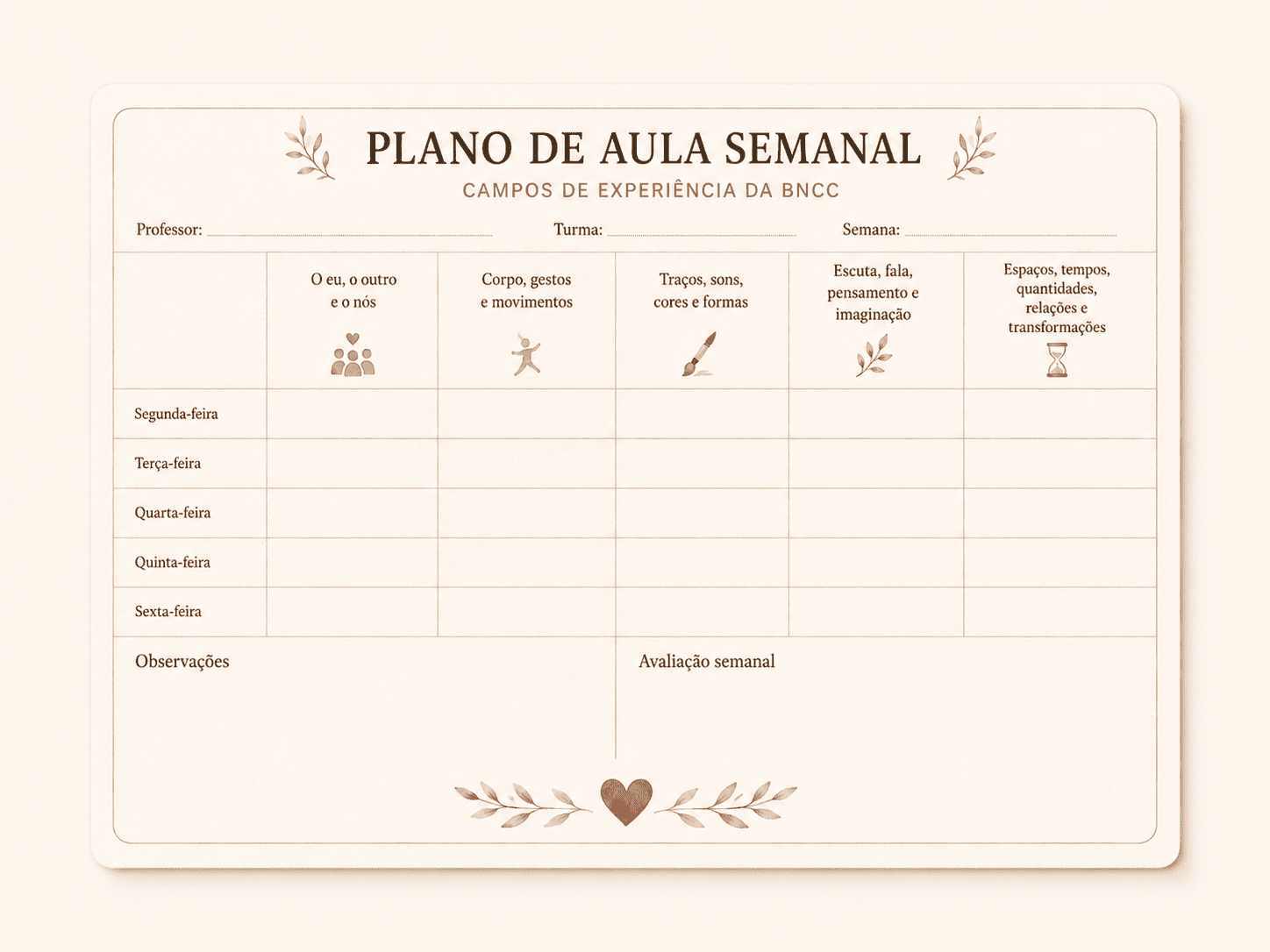 Planilha semanal por campos de experiência